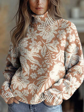 Women's Vintage Art Flower Print Knit Turtleneck Pullover Sweater